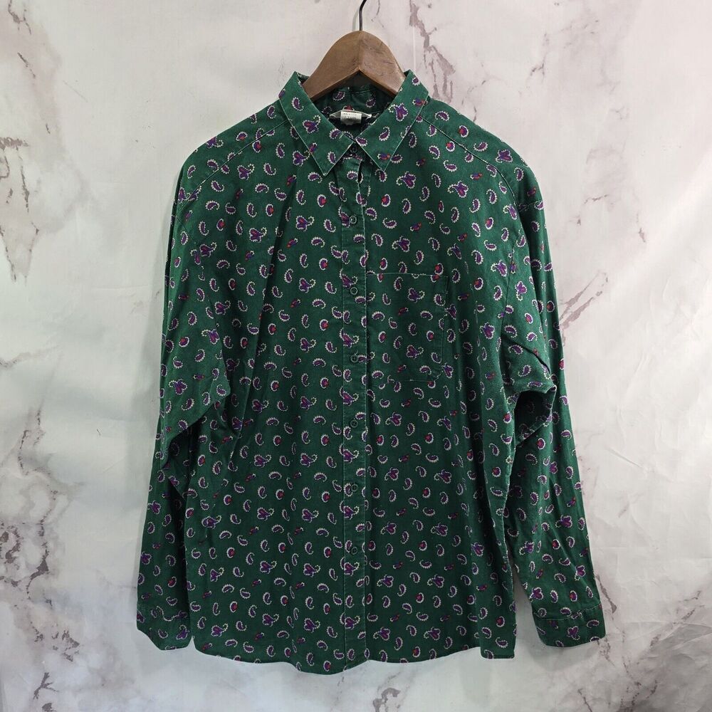 Vintage Shirt Womens XL Green Button Up Paisley Pink Long Sleeve 90s Emerald